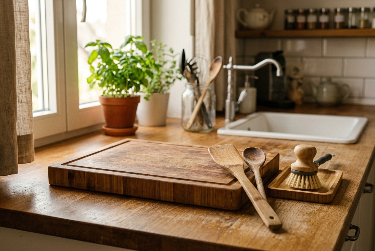 Solid bamboo kitchen utensils and cutting board.