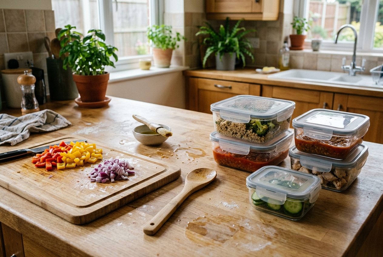 bamboo cutting board with vegetables next to reusable plastic food storage containers on a kitchen counter