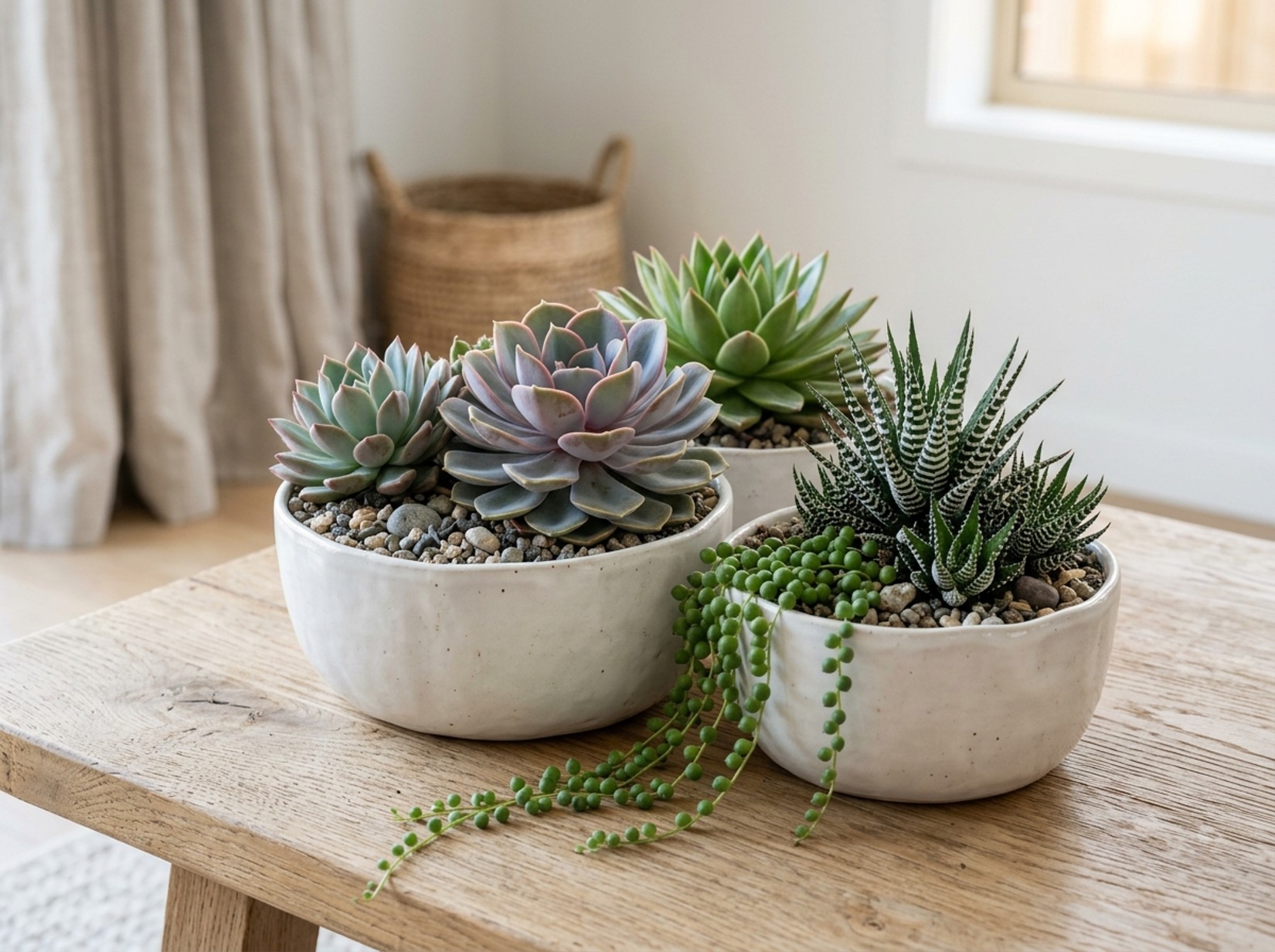 Tabletop succulent dish garden in ceramic pots on a wooden table in a sunlit interior