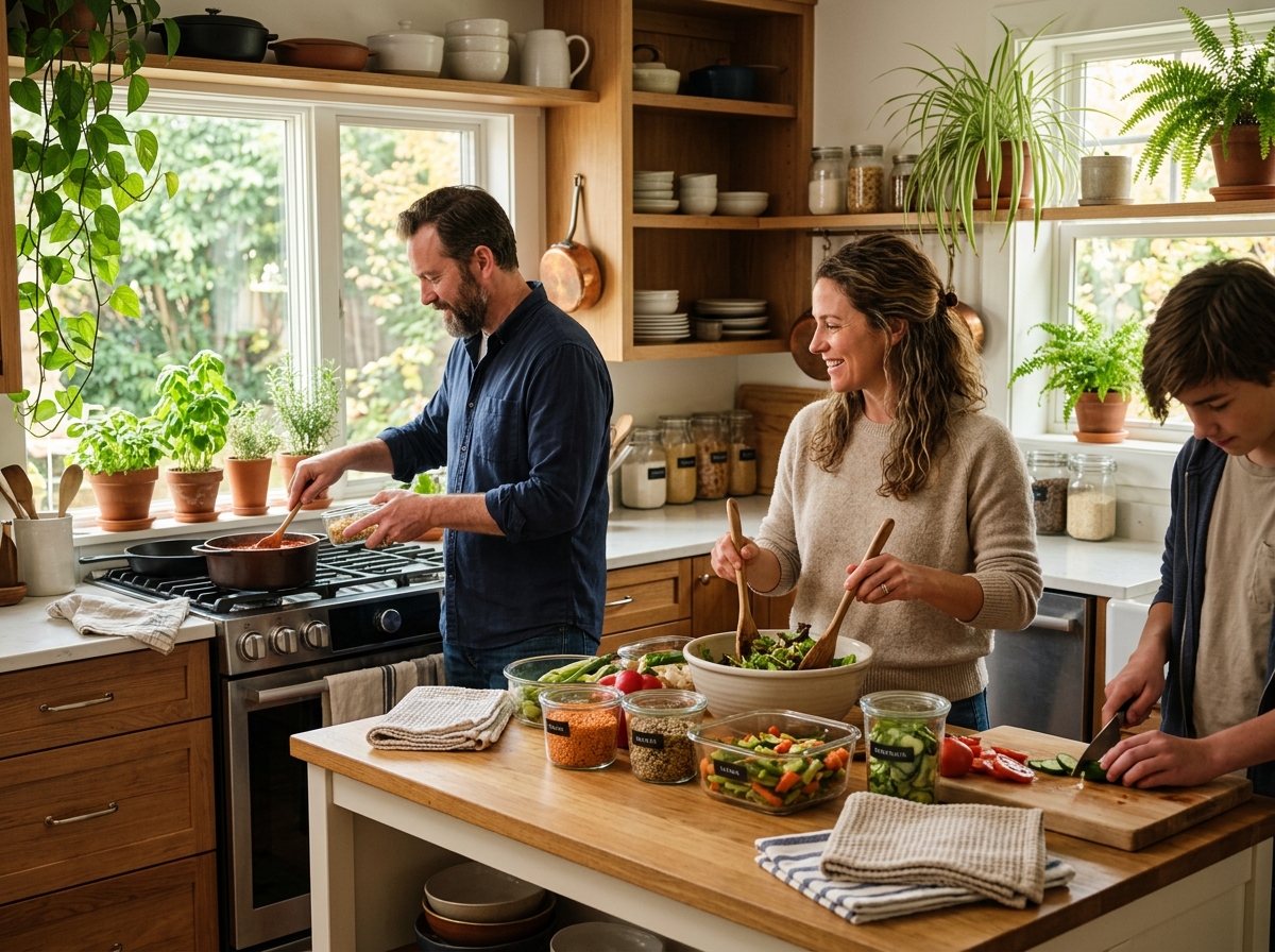 Family preparing meals using reusable household containers and natural kitchen accessories