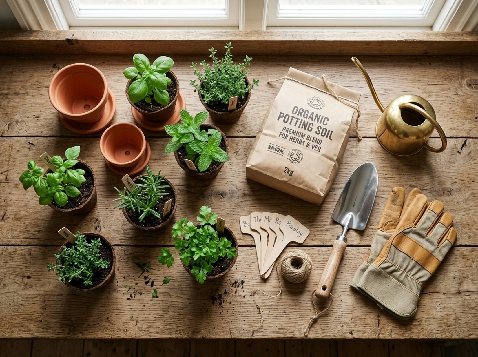 Beginner gardening supplies including potting soil, pots, trowel, watering can, and seedlings