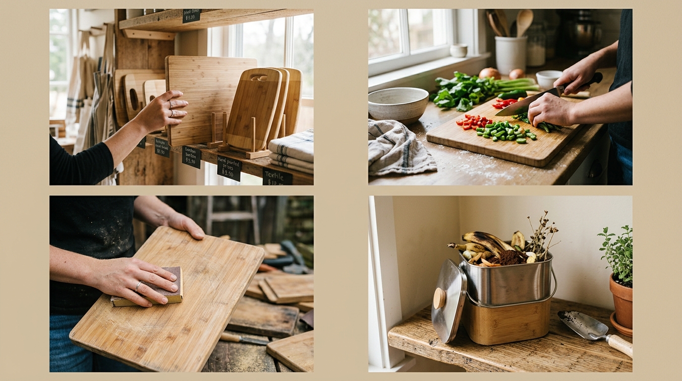 Product lifecycle stages: sourcing, using, refinishing, and composting.
