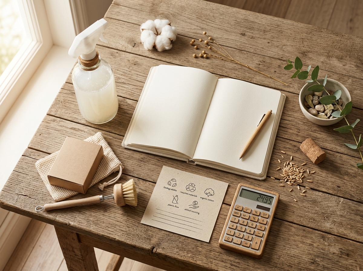 Flat-lay setup of household products, material specifications, and shopping evaluation notes