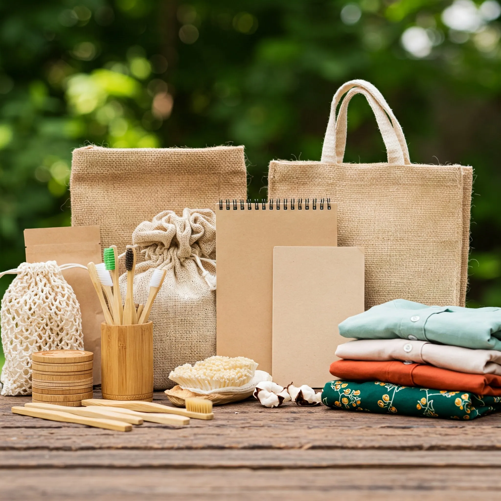 Reusable bags, wooden utensils, and household essentials made with natural materials
