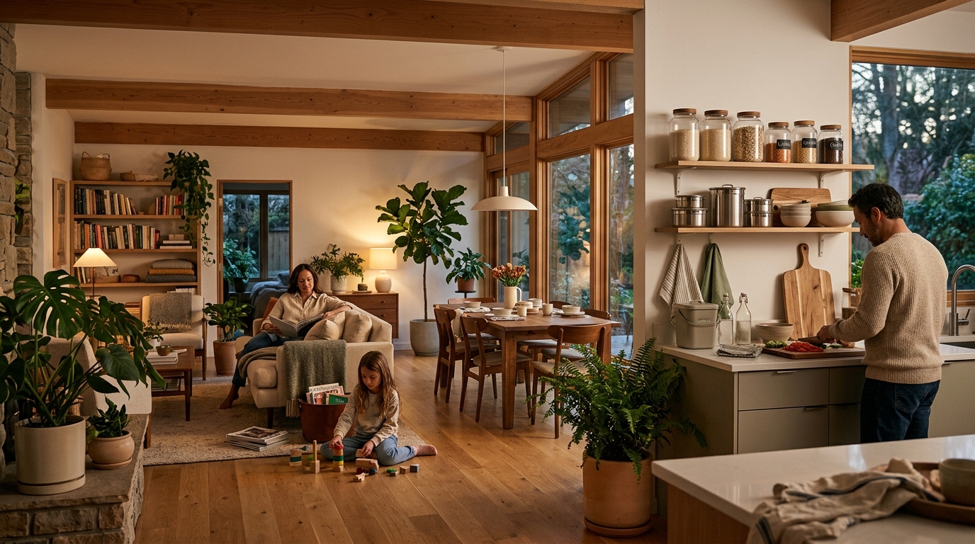 Comfortable modern living room designed with natural materials and eco-conscious storage solutions