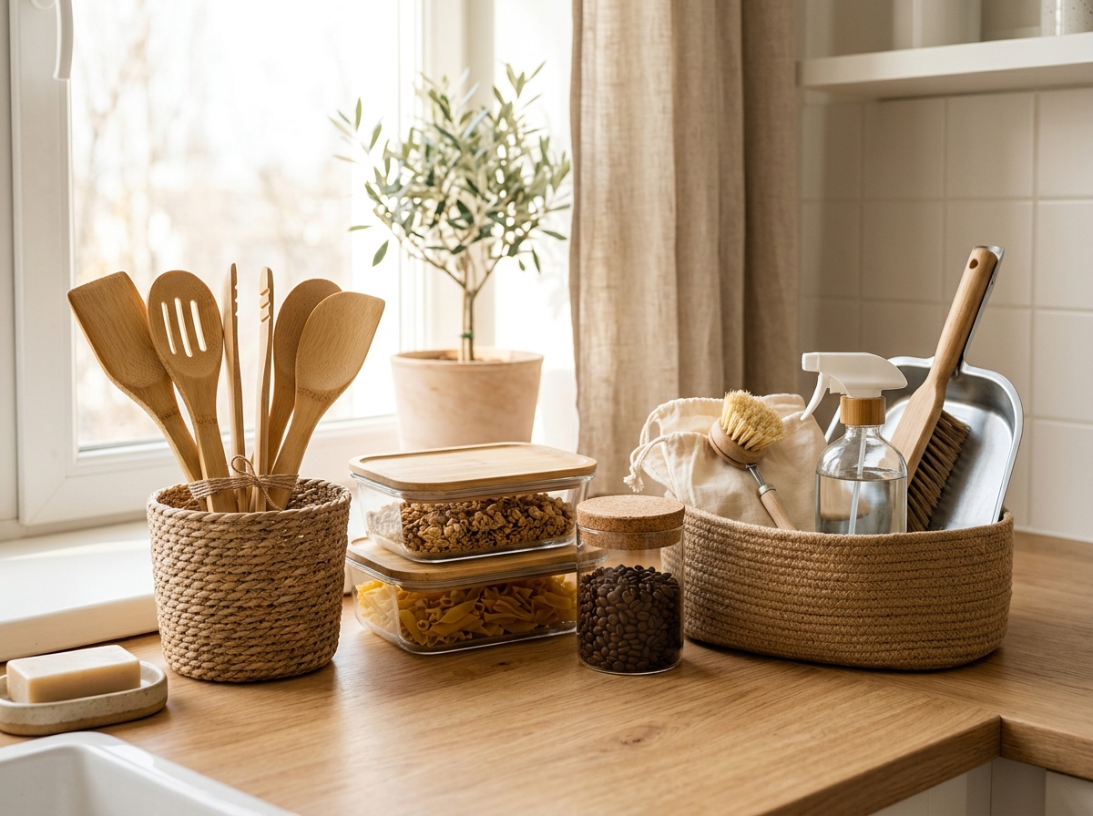 Curated bamboo kitchen utensils and reusable storage containers on a kitchen counter